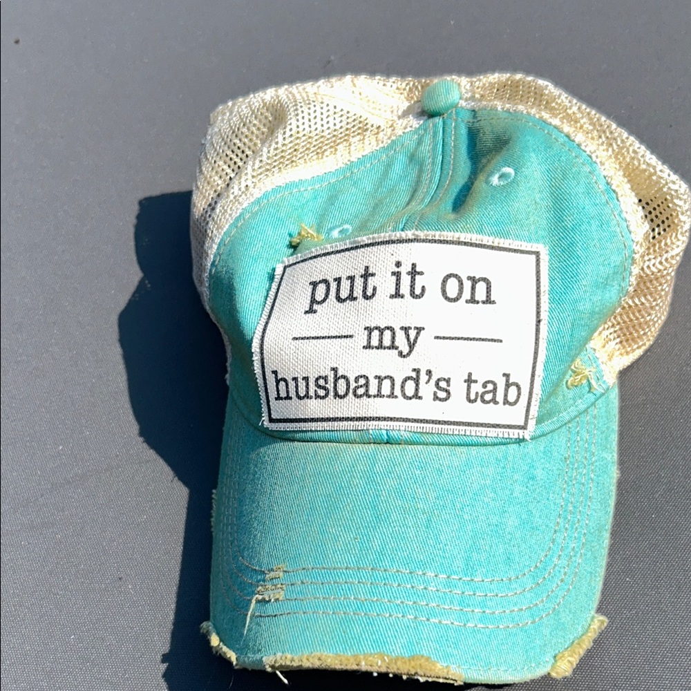 Headmost brand Vintage distressed trucker cap "Put It On My Husband's Tab"